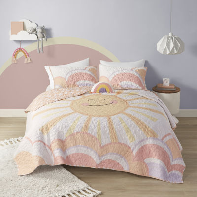Intelligent Design Ellie Reversible Sunshine Printed 100% Cotton Quilt Set With Throw Pillow