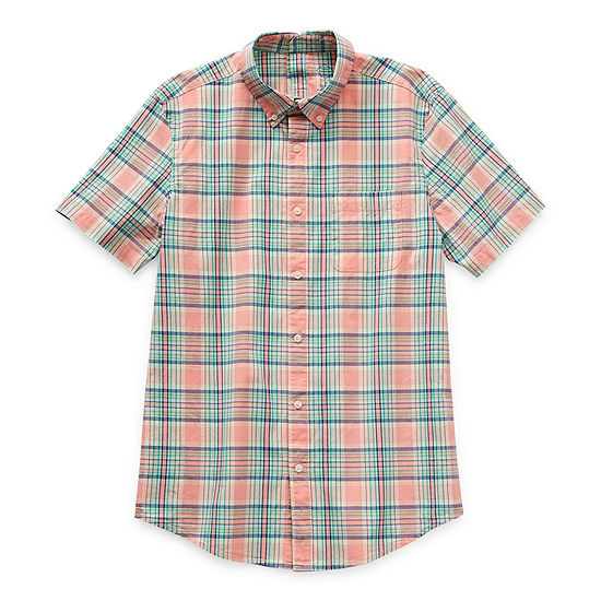 St. John's Bay Poplin Mens Easy-on + Easy-off Seated Wear Adaptive Classic Fit Short Sleeve Plaid Button-Down Shirt
