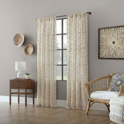 Archaeo Jigsaw Embroidery Linen Blend Rod Pocket Sheer Single Curtain Panel