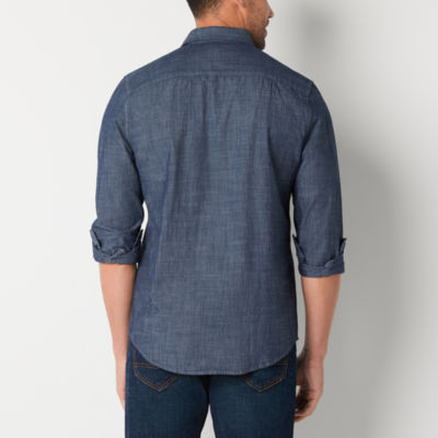 St. John's Bay Chambray Mens Long Sleeve Slim Fit Button-Down Shirt