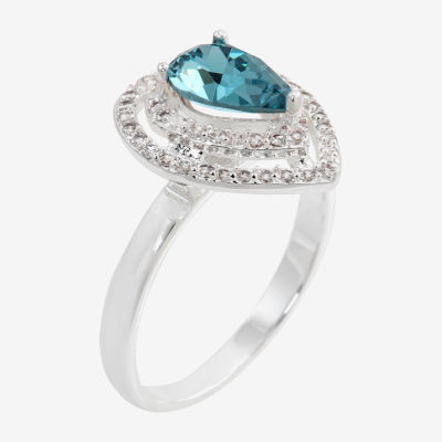 Sparkle Allure Double Womens Blue Crystal Pure Silver Over Brass Pear Halo Cocktail Ring