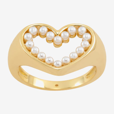 Sparkle Allure Open Womens White Simulated Pearl 14K Gold Over Brass Heart Signet Ring