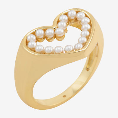 Sparkle Allure Open Womens White Simulated Pearl 14K Gold Over Brass Heart Signet Ring