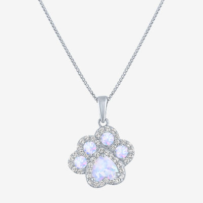 Paw Print Womens Lab Created White Opal Sterling Silver Pendant Necklace