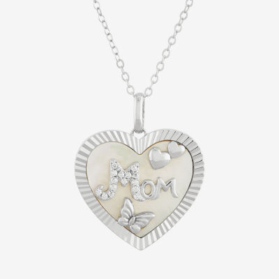 "Mom" Womens White Mother Of Pearl Sterling Silver Heart Pendant Necklace