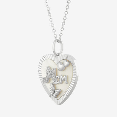 "Mom" Womens White Mother Of Pearl Sterling Silver Heart Pendant Necklace