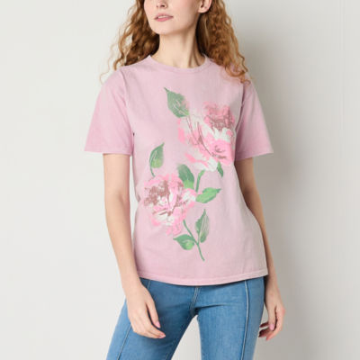 Juniors Floral Boyfriend Womens Crew Neck Short Sleeve Graphic T-Shirt