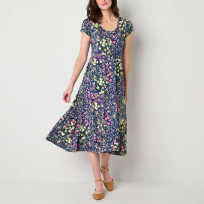 Studio 1 Short Sleeve Floral Midi Fit + Flare Dress