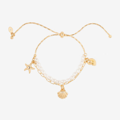 Bijoux Bar Delicates Gold Tone Womens Glass Simulated Pearl Gold Tone Charm Bracelet