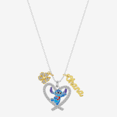 Disney Classics Ohana Womens Cubic Zirconia 10K Gold Over Brass Pure Silver Over Brass Flower Heart 16 Inch Pendant Necklace