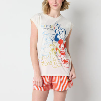 Juniors Womens Crew Neck Sleeveless Mickey and Friends Graphic T-Shirt
