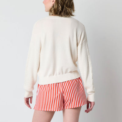 Juniors Womens Crew Neck Long Sleeve Mickey and Friends Cable Knit Pullover Sweater