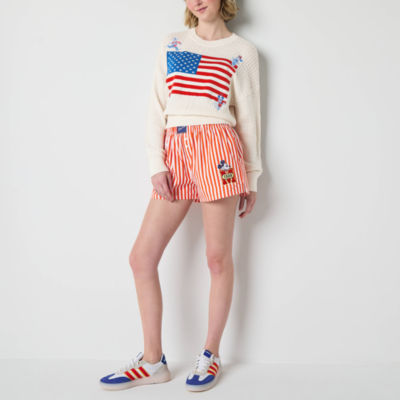 Mickey And Friends Red Stripe Womens Mid Rise Juniors Pull-On Short