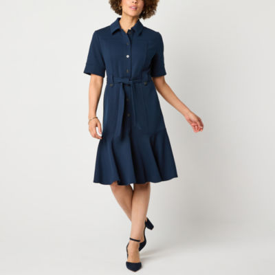 Liz Claiborne Womens Belted Short Sleeve Midi Shirt Dress