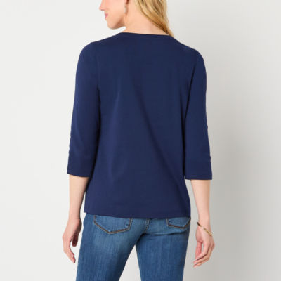 St. John's Bay Womens V Neck 3/4 Sleeve Adaptive Easy-on + Easy-off T-Shirt