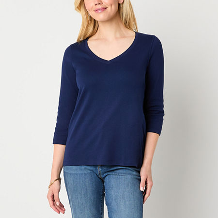 St. John's Bay Womens Easy-on + Easy-off V Neck 3/4 Sleeve Adaptive T-shirt In Blue