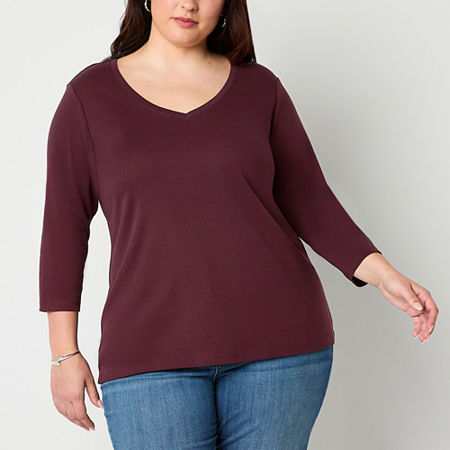 St. John's Bay Womens V Neck 3/4 Sleeve Plus T-Shirt, 2x, Red