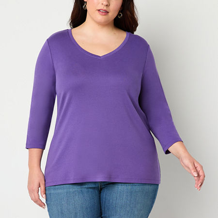 St. John's Bay Womens V Neck 3/4 Sleeve Plus T-Shirt, 1x, Purple
