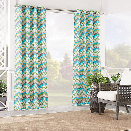 Waverly Borderline Stripe Light-Filtering Grommet Top Single Outdoor Curtain Panel