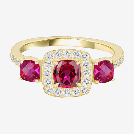 Womens Gemstone 14K Gold Over Silver Cushion Halo 3-Stone Cocktail Ring, 6, Ruby