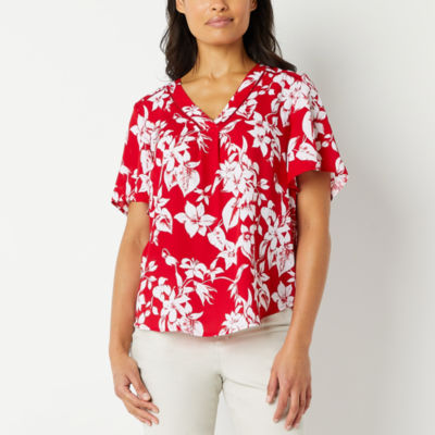 Liz Claiborne Womens V Neck Short Sleeve Blouse - JCPenney