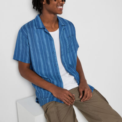 Mens Short Sleeve Striped Button-Down Shirt