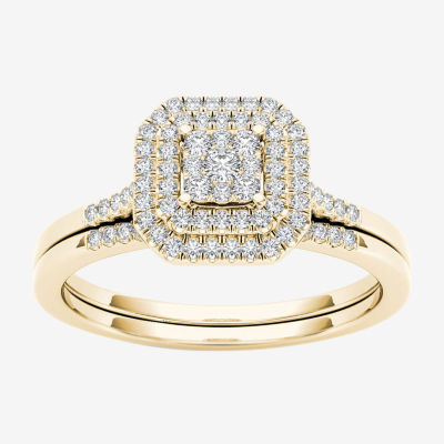 Womens 1/4 CT. T.W. Natural White Diamond 10K Gold Cushion Halo Bridal Set
