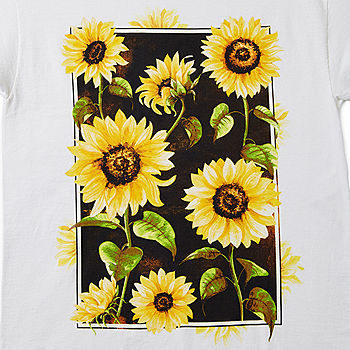 Juniors Sunflowers Womens Crew Neck Sleeve Graphic T-Shirt Boyfriend Short