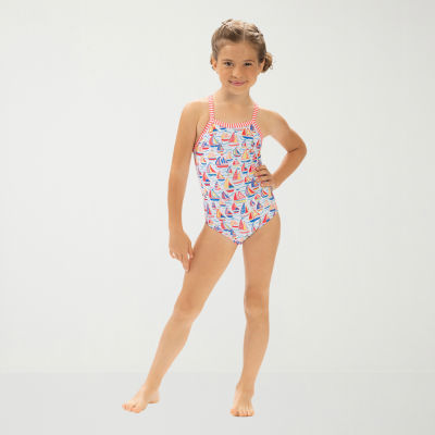 Dolfin Print Toddler & Little Girls Easy-on + Easy-off One Piece Swimsuit, 2t, Blue