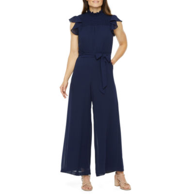 Danny & Nicole Short Sleeve Belted Jumpsuit, Color: Navy - JCPenney