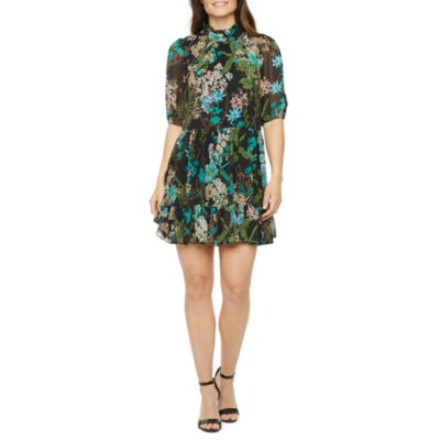 Melonie T Short Sleeve Floral Babydoll Dress Petite, Color: Black Teal ...