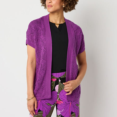 Liz Claiborne Womens Short Sleeve Open Front Cardigan, Medium, Purple