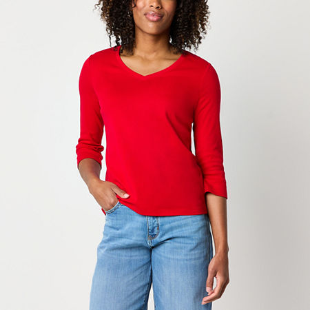 St. John's Bay Womens V Neck 3/4 Sleeve T-Shirt, Petite Small, Red