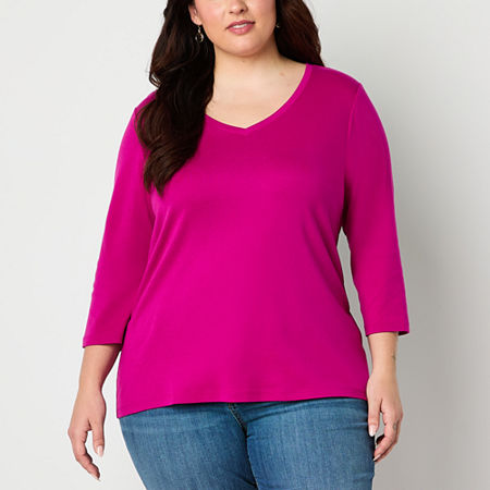 St. John's Bay Womens Plus V Neck 3/4 Sleeve T-shirt In Pink