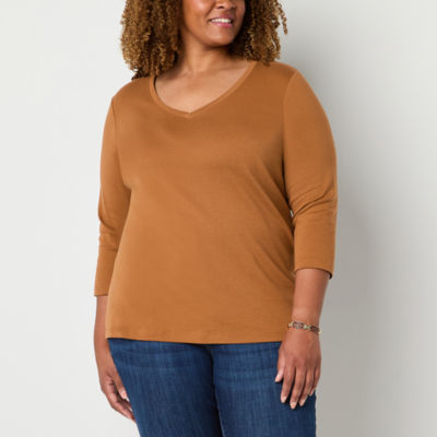 St. John's Bay Womens V Neck 3/4 Sleeve Plus T-Shirt