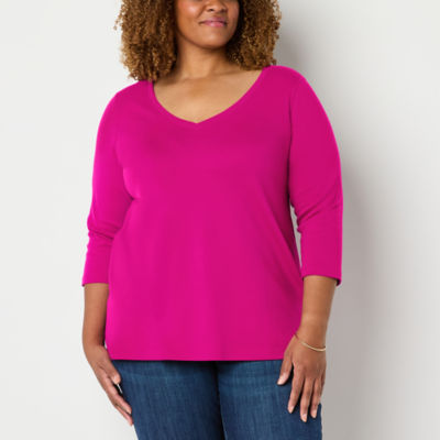 St. John's Bay Womens Easy-on + Easy-off V Neck 3/4 Sleeve Adaptive Plus T-Shirt