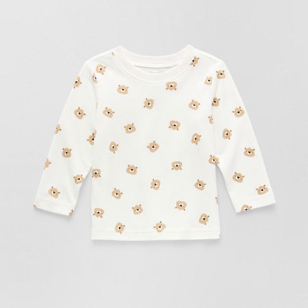 Okie Dokie Baby Boys Round Neck Long Sleeve Graphic T-Shirt, 18 Months, White