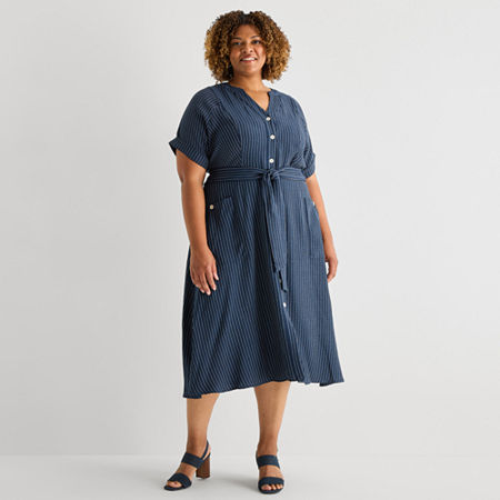 Danny & Nicole Womens Plus Midi V Neck Short Sleeve Cuffed Striped Fit + Flare Dress