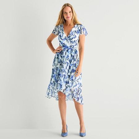 Marc New York Womens Midi V Neck Short Sleeve Flutter Floral Fit + Flare Dress