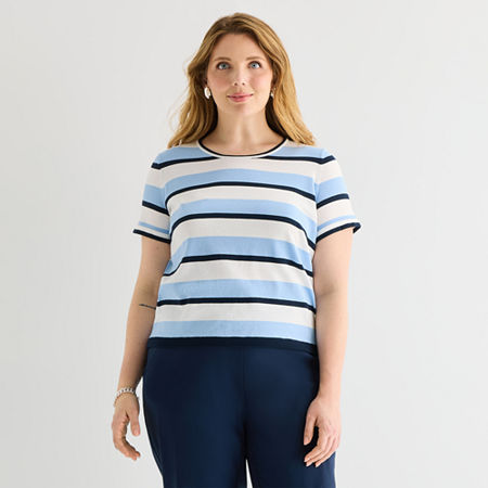 Liz Claiborne Plus Womens Crew Neck Short Sleeve Striped Pullover Sweater