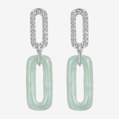 Genuine Green Jade Sterling Silver Paperclip Drop Earrings