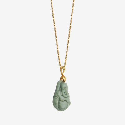 Genuine Jade Buddha Pendant Necklace 14K Yellow Gold Over Silver