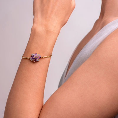 Genuine Amethyst & Lab-Created White Sapphire Flower Bangle Bracelet in 14K Gold over Silver