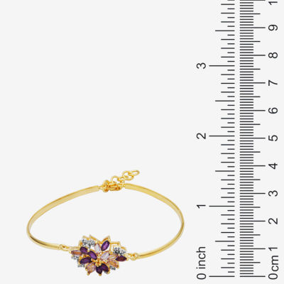 Genuine Amethyst & Lab-Created White Sapphire Flower Bangle Bracelet in 14K Gold over Silver