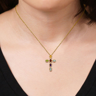 Womens Genuine Multi Color Stone 18K Gold Over Silver Cross Pendant Necklace