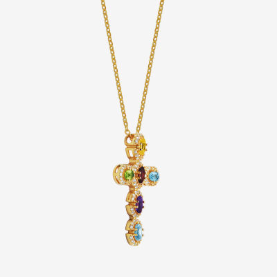 Womens Genuine Multi Color Stone 18K Gold Over Silver Cross Pendant Necklace