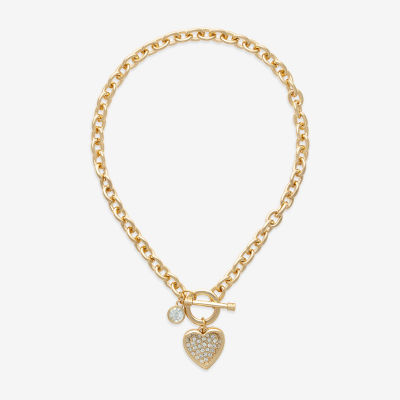 Bold Elements Gold Tone Womens Glass Heart 16 Inch Pendant Necklace