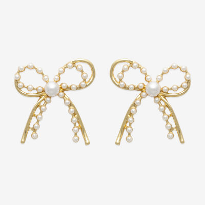 Bold Elements Gold Tone Womens Simulated Pearl Bow Drop Earrings