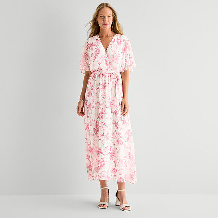 Studio 1 Womens Petite V Neck Short Sleeve Kimono Maxi Dress