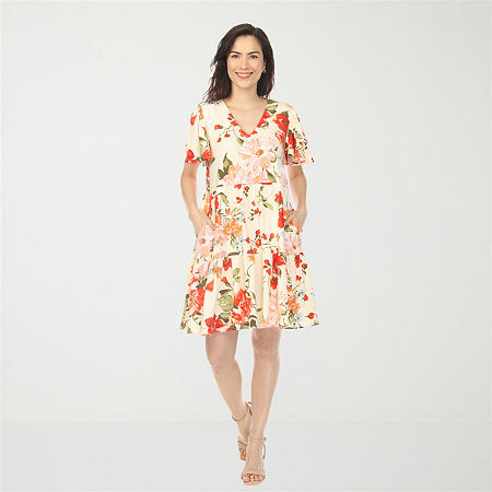 White Mark V-Neck Tropical Flower Womens V Neck Short Sleeve Floral A-Line Dress, X-large, White